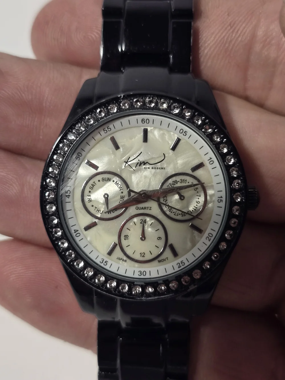 Kim Rogers Multifunction Black Link Watch with Rhinestone Bezel & MOP Dial.